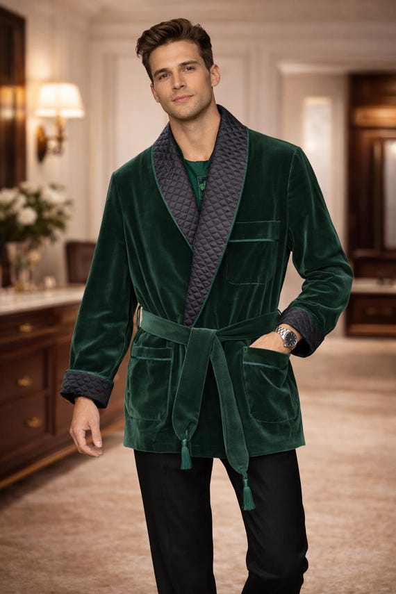 Emerald Green Velvet Robe, Quilted Collar, Luxury Wedding Party Wear Tuxedo  Jacket Robe - Etsy