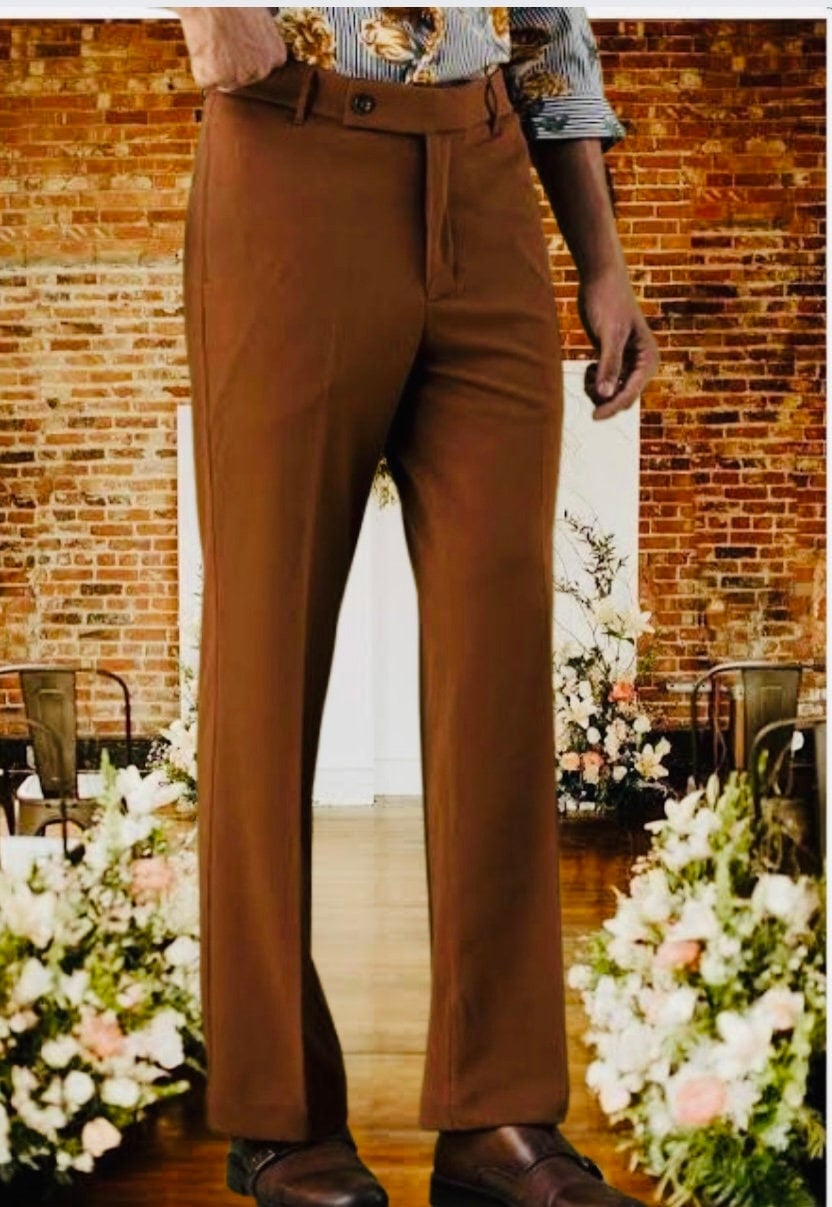 Men's Brown Pleated Dress Pants, Formal Vintage Trousers ball bottom