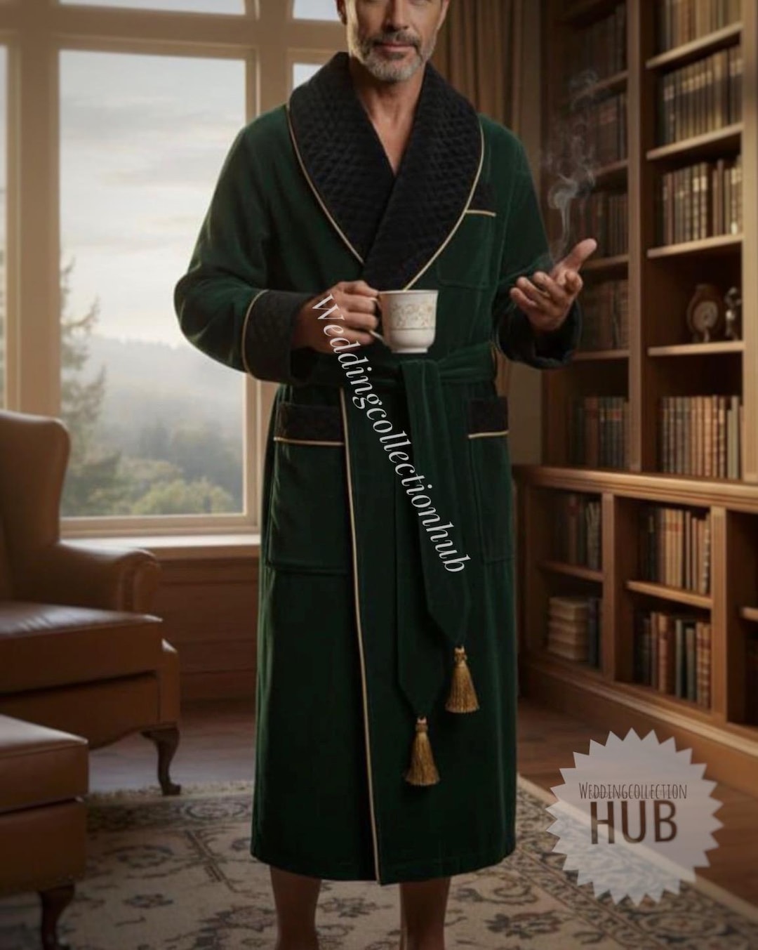 Men Jacket Green Robe English Vintage Velvet Gown Quilted Robe Jackets ...
