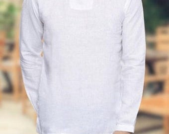 Handmade Linen Cotton V-Neck Shirt: Slim Fit Summer Casual Dinner Party Wear Formal Shirt