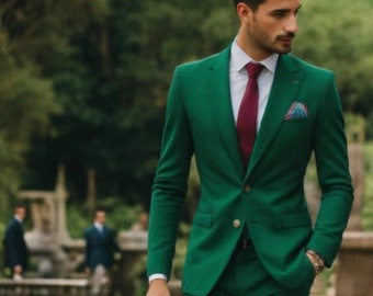 May include: A man wearing a dark green suit with a burgundy tie and a brown leather briefcase. He is walking on a paved path.