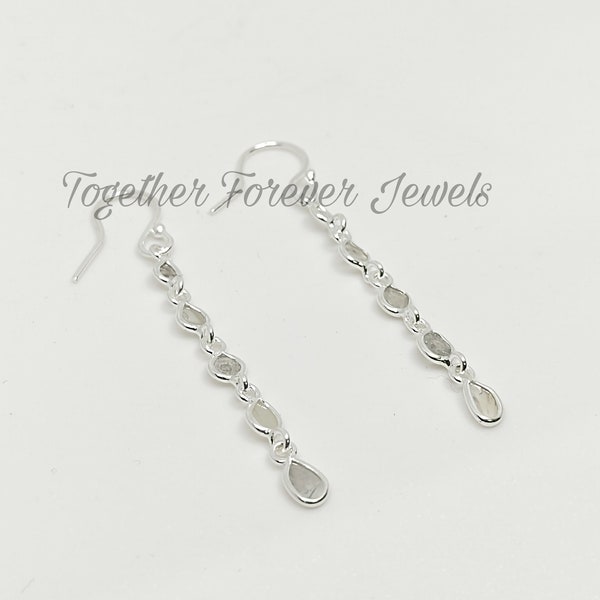 Boucles d'oreilles pendantes en argent sterling 925 avec diamants naturels et diamants polki