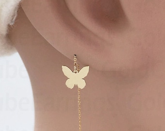 Real 14k Solid Gold Butterfly Threader Earring, Dainty Butterfly Long Chain Threader, Minimalist Butterfly Threader, Charm Butterfly Jewelry