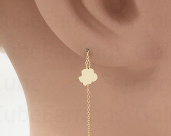 Real 14k Solid Gold Cloud Threader Earring, Two Hole Earring, Minimalist Gold Earring Charm, Long Chain Earring, Gold Cloud Drop Earring