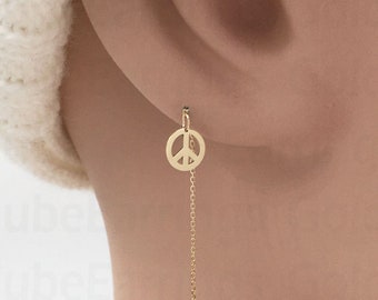 Real 14k Solid Gold Peace Sign Threader Earring, Two Hole Earring, Minimalist Peace Sign Earring Charm, Peace Symbol, Long Chain Earring