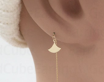 Real 14k Solid Gold Peacock Feather Threader Earring, Two Hole Earring, Minimalist Gold Peacock Feather Charm, Long Chain Peacock Earring