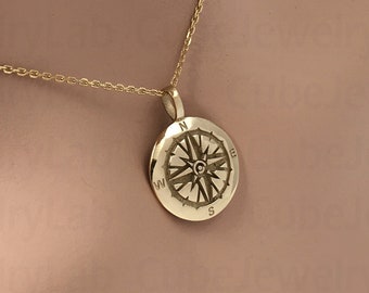 Real 14k Solid Gold Compass Necklace, Personalized Compass Charm Gift, Navigation Compass Layering Gold Pendant, Dainty Gold Compass Jewelry