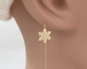 Real 14k Solid Gold Snowflake Threader Earring, Minimalist Snowflake Charm Drop Earring, Dainty Snow Flake Threaders, Long Chain Earrings
