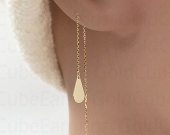 Real 14k Solid Gold Tear Drop Threader Earring, Long Chain Earring, Minimal Tear Drop Earring Charm, Two Hole Earring, Dainty Gold Tear Drop