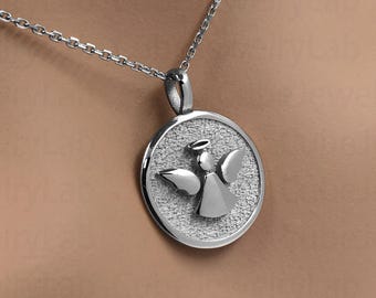 14k Solid White Gold Angel Necklace, Guardian Angel Keepsake Charm, Memorial Jewelry, Angel Symbol, Custom Angel Pendant, Cherish Memories