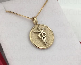 Real 14k Solid Gold Caduceus Necklace, Medical ID Pendant, Customized Medical Symbol, Personalized Caduceus, Caduceus Symbol Of Medicine