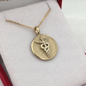 Real 14k Solid Gold Caduceus Necklace, Medical ID Pendant, Customized Medical Symbol, Personalized Caduceus, Caduceus Symbol Of Medicine