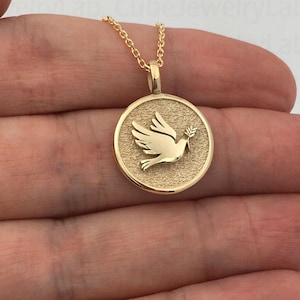 Echte 14k Solid Gold Taube Halskette, personalisierte Taube Anhänger, Taube Disc Halskette Geschenk, zierliche Taube Charme Schmuck, Friedenstaube Vogel Halskette