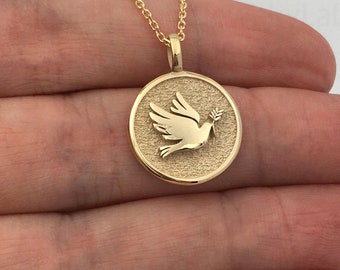 Real 14k Solid Gold Dove Necklace, Personalized Dove Pendant, Dove Disc Necklace Gift, Dainty Dove Charm Jewelry, Peace Dove Bird Necklace
