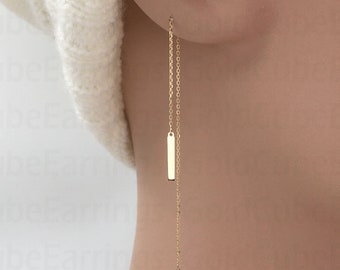 Real 14k Solid Gold Threader Earring, Vertical Bar Threader Earring, Tiny Bar Earring, Long Chain Earring, Minimal Gold Earring Charm