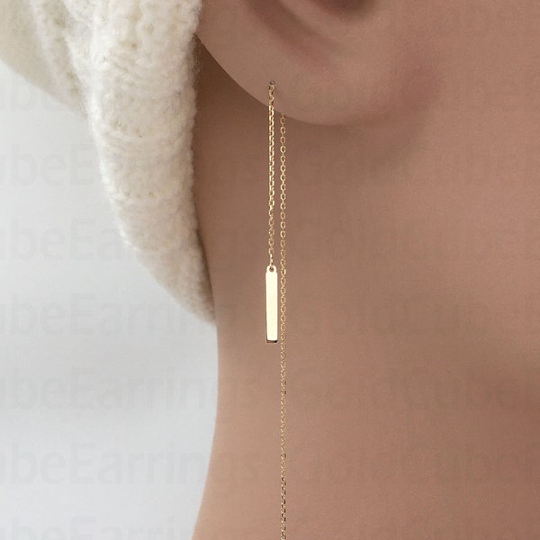 Real 14k Solid Gold Threader Earring, Vertical Bar Threader Earring, Tiny Bar Earring, Long Chain Earring, Minimal Gold Earring Charm