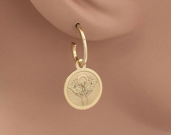 Real 14k Solid Gold Luna Moth Hoop Earring, Drop Earring, Animal Charm Jewelry, Personalized Moth, Dainty Moon Moth Earring, Butterfly Charm