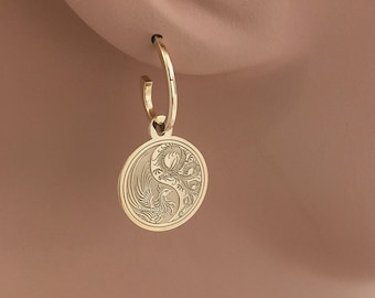 Real 14k Solid Gold Yin Yang Dragon Phoenix Hoop Earrings, Huggie Earring, Drop Earring, Mythology Jewelry, Red Dragon & Phoenix Balance