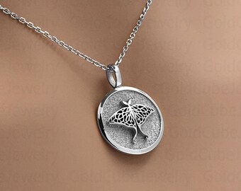 14k Solid White Gold Moth Necklace, Charm Butterfly Jewelry, Luna Moth Coin, Animal Pendant, Personalized Moth Charm, Dainty Moon Moth Disc