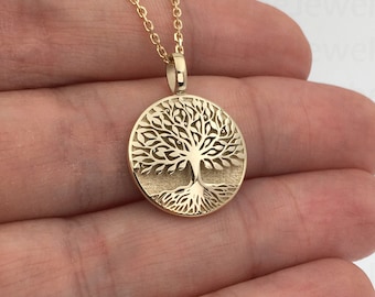 Real 14k Solid Gold Tree of Life Necklace, Personalized Gold Tree of Life Pendant, Layered Tree of Life Charm, Custom Family Tree of Life
