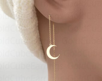 Real 14k Solid Gold Moon Threader Earring, Dainty Chain Earring, Gold Moon Drop, Charm Celestial Jewelry, Minimalist Moon Threader Earring