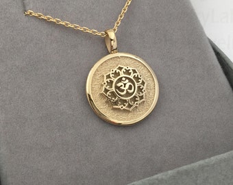 14k Real Solid Gold Om Necklace, Personalized Yoga Pendant, Spiritual Aum Necklace, Dainty Yoga Ohm Charm Jewelry, Layered Disc Om Symbol