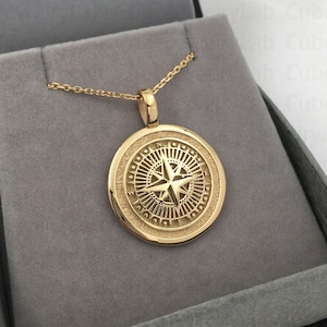 14k Solid Gold Compass Necklace, Personalized Compass Pendant, Navigation Compass Gift, Coordinates Compass Disc, 24mm Compass Charm Jewelry