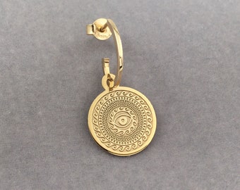 Real 14k Solid Gold Mandala Eye Hoop Earrings, Drop Eye Earring, Mandala Waves Charm Earring, Personalized Mandala, Mandala Women Jewelry