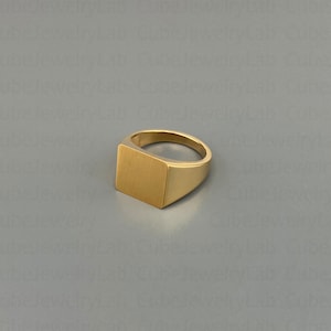 Può includere: Un anello sigillo in oro con una parte superiore quadrata. L'anello è in metallo spazzolato e ha un design semplice e moderno.