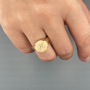 Solid Gold Initial Ring, Engraved Monogram Ring, Anniversary Gift, Personalized Signet Ring, Unique Ring Gift, Unisex Signet Ring Jewelry