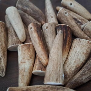 Könnte beinhalten: Eine Sammlung natürlicher Geweihanhänger, jeder mit einem einzigartigen Muster aus hellbraunen und cremefarbenen Farbtönen. Die Anhänger sind zylindrisch mit einem spitz zulaufenden Ende und einem Loch zum Auffädeln. Ideal für die Schmuckherstellung.