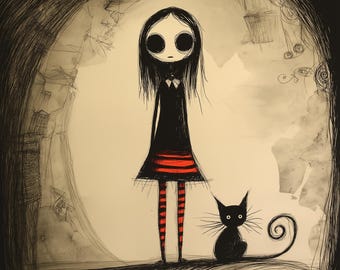 Digital download halloween art/ card gifts, Tim Burton Coraline style girl and cat