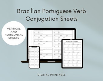 Könnte beinhalten: Druckbare Arbeitsblätter zum Konjugieren brasilianischer portugiesischer Verben. Das Bild zeigt einen Laptop, ein Tablet und ein Telefon, auf denen die Arbeitsblätter in vertikalem und horizontalem Format angezeigt werden.