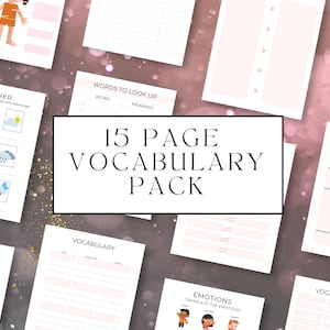 May include: A collection of 15-page vocabulary worksheets with a pink and white design. The worksheets include sections for weather, word lookup, vocabulary, and emotions. The text "15 Page Vocabulary Pack" is displayed prominently.