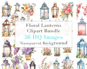Clipart di lanterne floreali ad acquerello / Pacchetto PNG di fiori primaverili (download digitale)