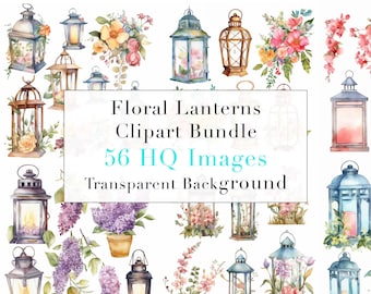 Floral Lanterns Flowers Watercolor Clipart | Garden Lantern clipart | Transparent PNG Bundle | 300 DPI | Instant Download