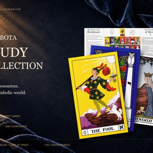 May include: A digital study collection featuring tarot cards and educational resources. The text reads THE BOTA STUDY COLLECTION, Seven resources. One symbolic world. 78 TAROT CARDS, 500+ ANKI FLASHCARDS. The cards display The Fool and Queen of Pentacles.