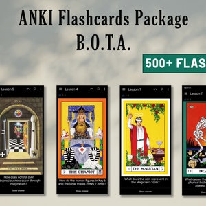 Puede incluir: Una captura de pantalla de cuatro pantallas de teléfonos móviles que muestran flashcards para un paquete de flashcards Anki llamado "B.O.T.A." con más de 500 flashcards. Cada pantalla muestra una carta de tarot diferente con una pregunta sobre el significado de la carta.