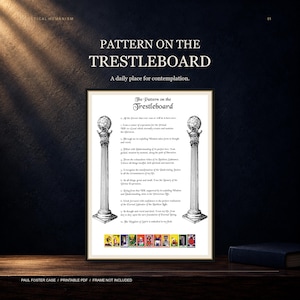 May include: A framed print titled The Pattern on the Trestleboard featuring ten numbered affirmations, flanked by two detailed illustrations of classical columns topped with spheres, and a row of twelve colorful tarot-style cards at the bottom.