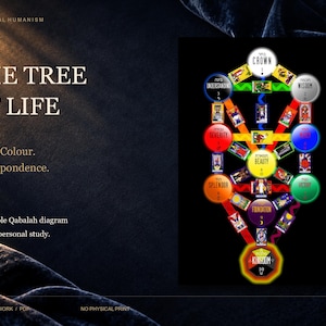 Puede incluir: Un diagrama digital titulado The Tree of Life que presenta diez nodos circulares de colores etiquetados con términos como Crown, Wisdom y Beauty, conectados por líneas e intercalados con pequeñas ilustraciones de cartas de tarot sobre un fondo negro.