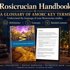 May include: A digital study guide titled Rosicrucian Handbook: A Glossary of AMORC Key Terms, featuring a book cover with a winding path illustration and a tablet displaying text about alchemy, presented as an English PDF digital download.