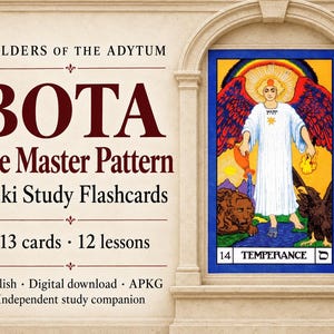 Könnte beinhalten: Digitale Anki-Lernkarten mit dem Titel Builders of the Adytum BOTA The Master Pattern, bestehend aus 213 Karten und 12 Lektionen. Das Bild zeigt die Tarotkarte Mäßigkeit mit einer geflügelten Figur in weißem Gewand, einem Löwen und einem Adler.