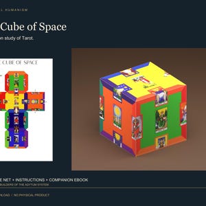May include: A digital download titled The Cube of Space, featuring a printable net and a 3D cube model. The design displays colorful panels with various tarot card illustrations, including The Moon, The Empress, and The Lovers, on a white background.