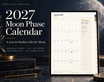 Maankalender 2027: Maandelijkse maankalender met UTC-datums, afdrukbaar PDF-bestand