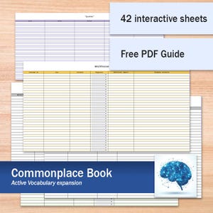 May include: A blue and white printable Commonplace Book with a brain graphic and the text "42 interactive sheets" and "Free PDF Guide". The book is designed for active vocabulary expansion.