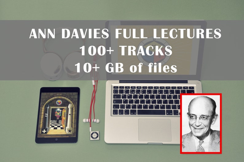 May include: A laptop computer with a white background and a gray header that reads "ANN DAVIES FULL LECTURES 100+ TRACKS 10+ GB of files". A tablet computer with a black case and a colorful image on the screen is to the left of the laptop. A pair of white headphones and a red cable are on the right side of the laptop. A black and white photo of a man is in the lower right corner of the image.