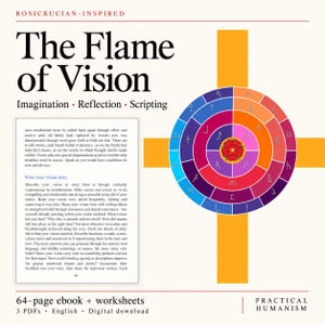 Puede incluir: Un documento digital titulado The Flame of Vision con el subtítulo Imagination, Reflection, Scripting. Incluye una página de texto con el encabezado Write Your Vision Story y un diagrama circular con una rosa roja central y varios símbolos.