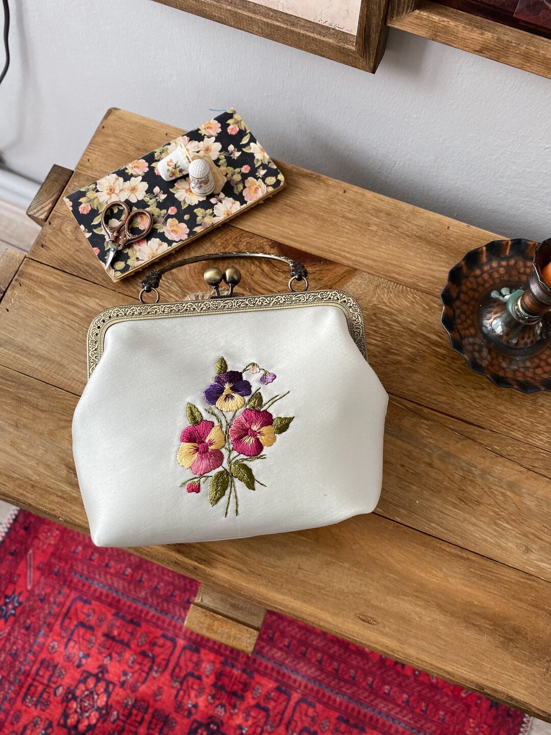 Pansy Embroidered Bag Crossbody Bag Flower Embroidered Clutch Bag