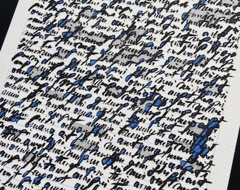 May include: Abstract artwork featuring handwritten text in black ink with blue accents on a white background. The script appears to be a dense collection of words and phrases, creating a textured visual effect. The piece is signed with the year 2023.