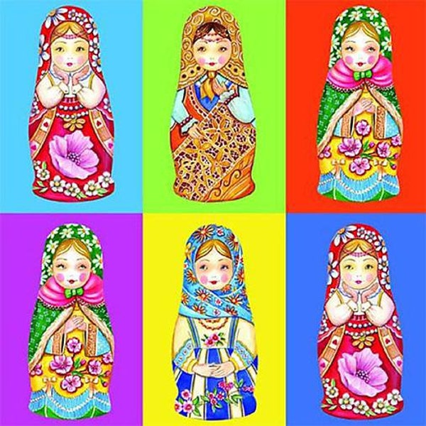 Serviettes de découpage 4pcs, ensemble de 4 serviettes en papier, 33x33cm (13 pouces), serviette - Poupée russe Matryoshka, serviette colorée, serviette